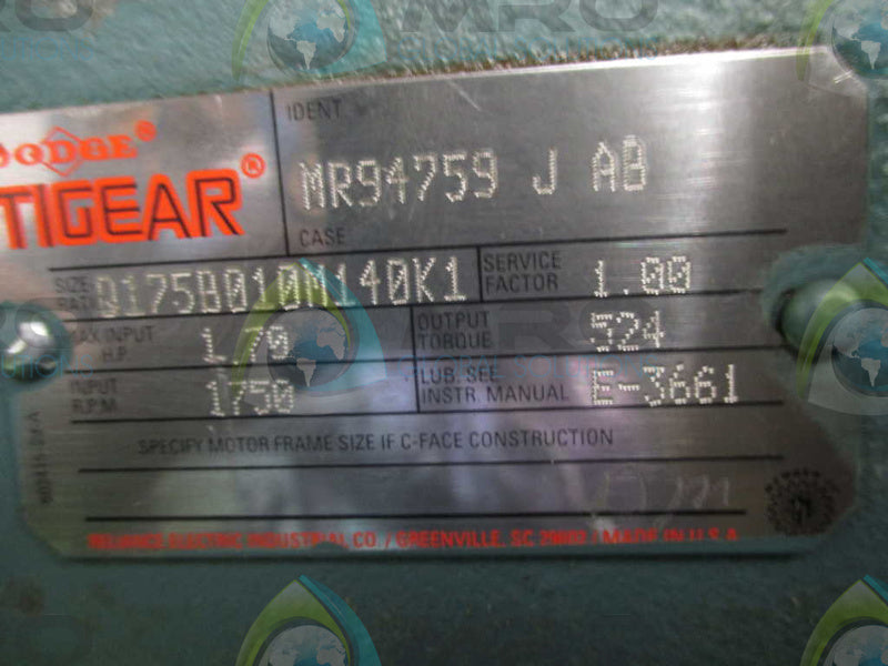 DODGE TIGEAR MR94759 J AB  GEAR REDUCER 1 HP 1750 RPM  NSNP