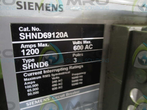 SIEMENS SHND69120A CIRCUIT BREAKER 3 POLE 1200 AMP 600 AC  UNMP