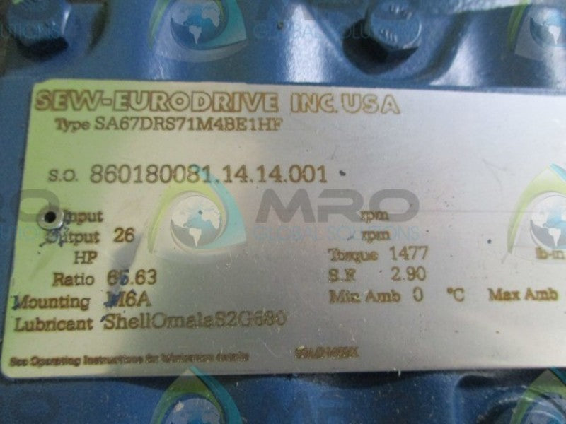 SEW EURODRIVE SA67DRS71M4BE1HF .75 HP 1690/26 RPM  NSNP