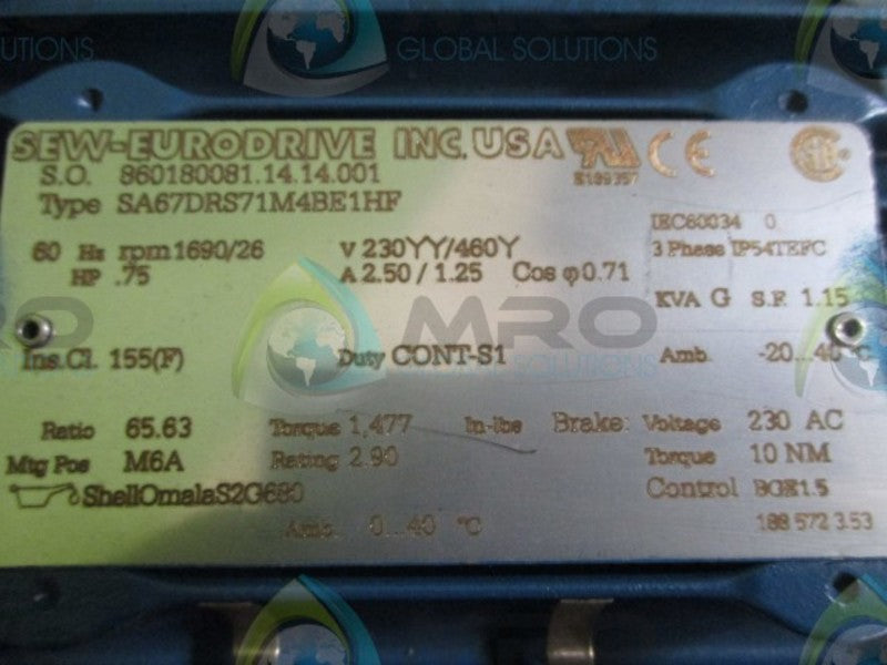 SEW EURODRIVE SA67DRS71M4BE1HF .75 HP 1690/26 RPM  NSNP