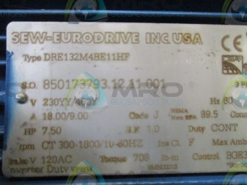 SEW-EURODRIVE KA77DRE132M4BE11HF GEAR MOTOR 7.50 HP 12-70 RPM NSNP