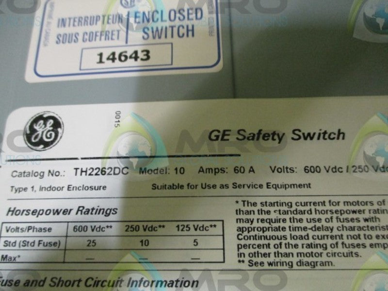 GENERAL ELECTRIC TH2262DC SAFETY SWITCH  NSNP