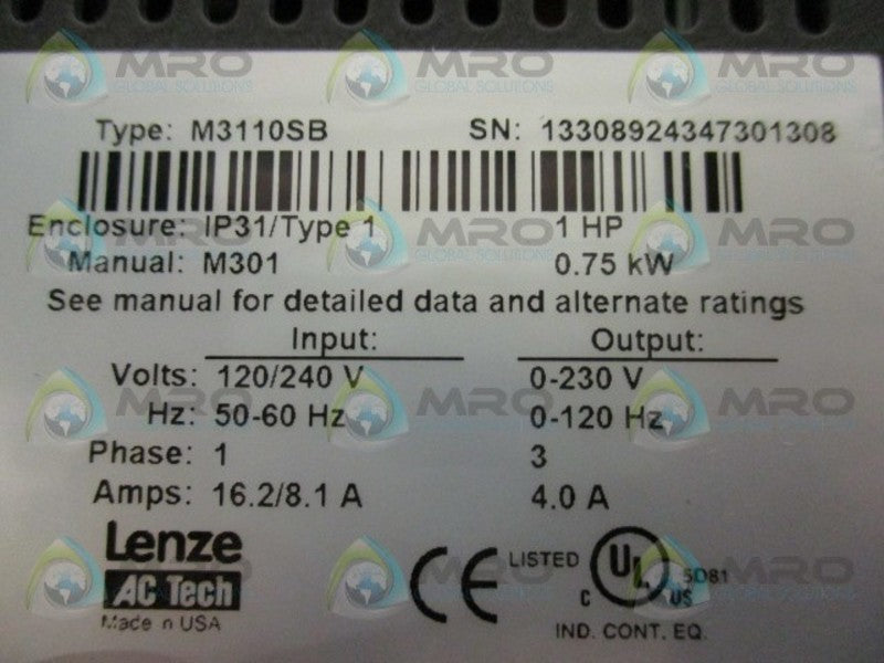 LENZE M3110SB VARIABLE FREQUENCY DRIVE  NSMP