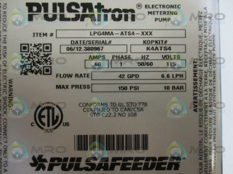 PULSAFEEDER LPG4MA-ATS4-XXX ELECTRONIC METERING PUMP  UNMP