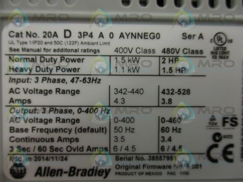 INDUSTRIAL SPARE PART POWERFLEX 70 20AD3P4A0AYNNEG0 SER. A AC DRIVE  NSMP