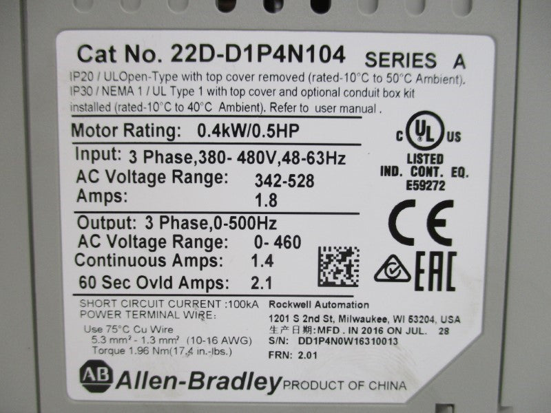 ALLEN BRADLEY 22D-D1P4N104 F/W 2.01 342-528VAC 1.8A NSMP