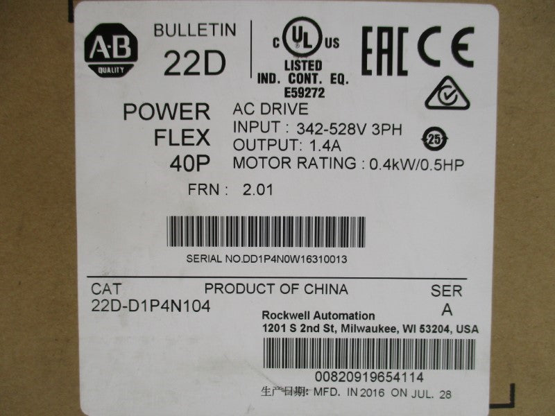 ALLEN BRADLEY 22D-D1P4N104 F/W 2.01 342-528VAC 1.8A NSMP