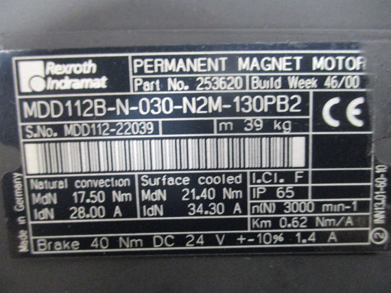 REXROTH INDRAMAT MDD112B-N-030-N2M-130PB2 24VDC 28.00/34.30A NSNP