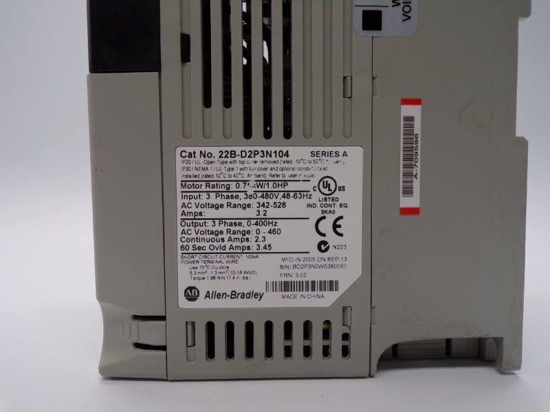 ALLEN BRADLEY 22B-D2P3N104 SER. A F/W 3.02 342-528V 3.45A NSNP