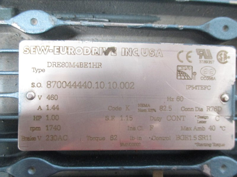 SEW EURODRIVE R47DRE80M4BE1HR DRE80M4BE1HR 460V 1.44A NSNP