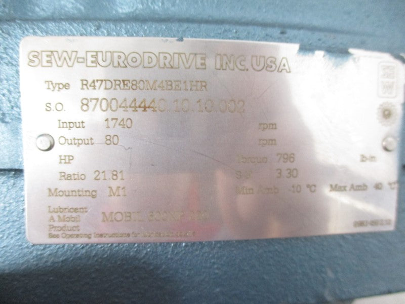 SEW EURODRIVE R47DRE80M4BE1HR DRE80M4BE1HR 460V 1.44A NSNP