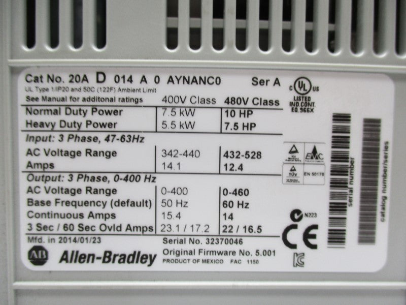 ALLEN BRADLEY 20AD014A0AYNANCO SER. A F/W 5.001 480VAC 14A NSMP
