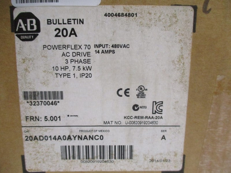 ALLEN BRADLEY 20AD014A0AYNANCO SER. A F/W 5.001 480VAC 14A NSMP