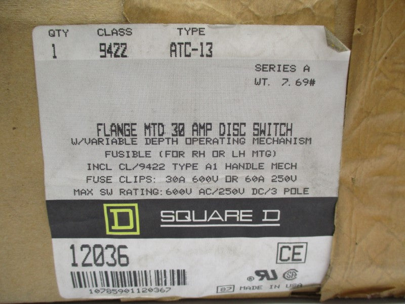 SQUARE D 9422ATC-13 SER. A 600V 60A NSFS
