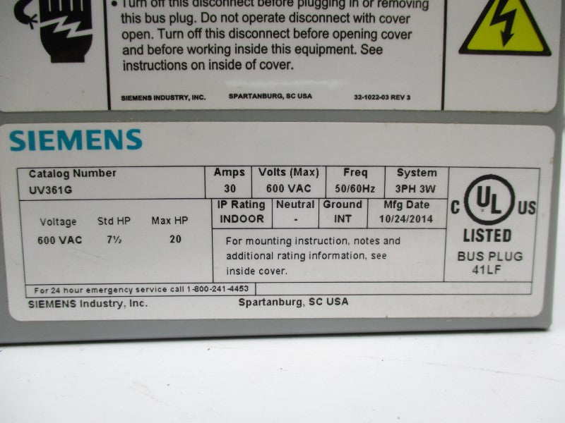 SIEMENS UV361G 600VAC 30A NSMP