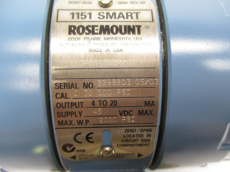 ROSEMOUNT 1151DP6S12B2M7DF 45VDC 0-100PSI NSMP