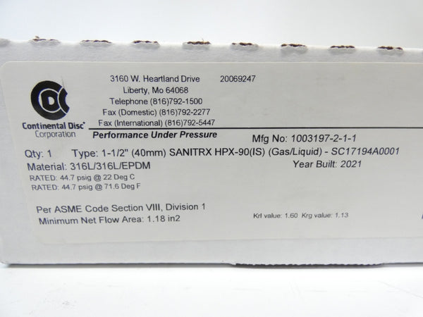 CONTINENTAL DISC HPX-90(IS) 44.7PSI 1-1/2" NSMP