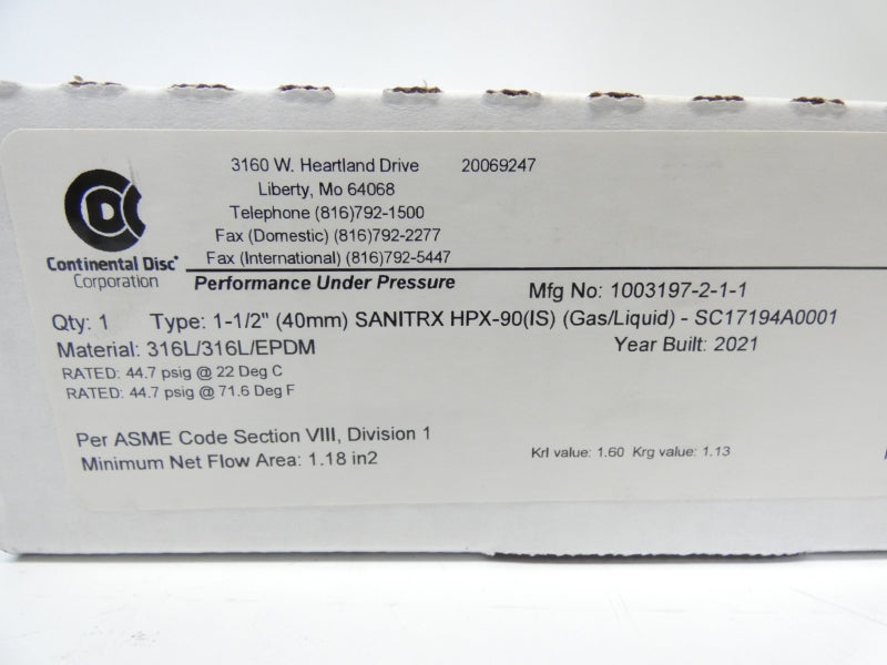 CONTINENTAL DISC HPX-90(IS) 44.7PSI 1-1/2" NSMP