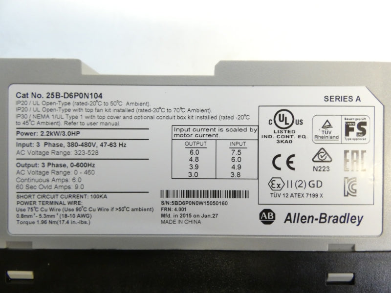 ALLEN BRADLEY 25B-D6P0N104 SER. A F/W 4.001 323-528V 6.0A NSMP