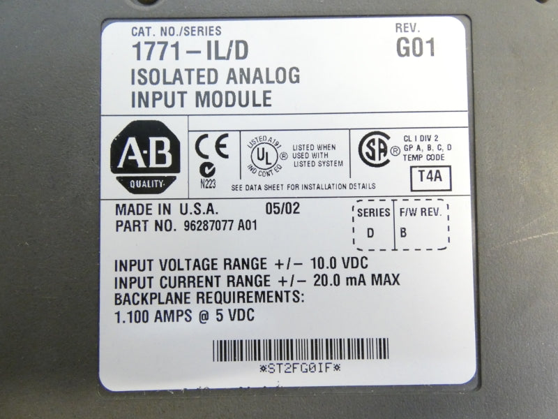 ALLEN BRADLEY 1771-IL SER. D F/W B REV. G01 10.0VDC 1.100A UNMP