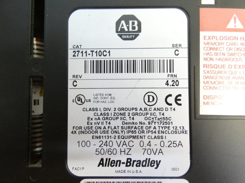 ALLEN BRADLEY 2711-T10C1 SER. C F/W 4.20 REV. C 100-240VAC 0.4-0.25A UNMP