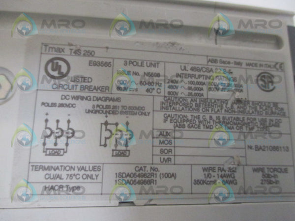 ABB T4S250 CIRCUIT BREAKER 250A (AS PICTURED)  UNMP