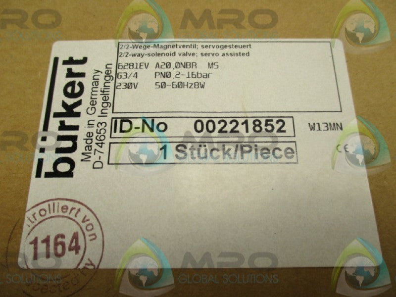 BURKERT 6281EVA20,0NBRMS 00221852 SOLENOID VAVLE 230V  NSMP