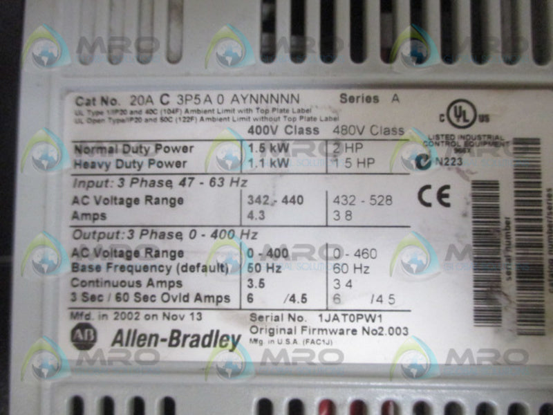 ALLEN BRADLEY POWERFLEX 70 20AC3P5A0AYNNNNN SER. A F/W 2.003 AC DRIVE  UNMP