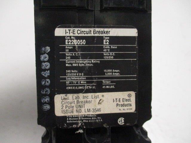 I.T.E. E22B050 CIRCUIT BREAKER 50A (AS PICTURED)  UNMP