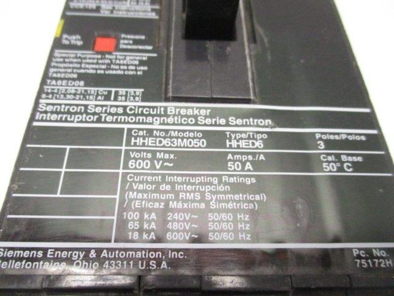 SIEMENS HHED63M050 CIRCUIT BREAKER 50A UNMP