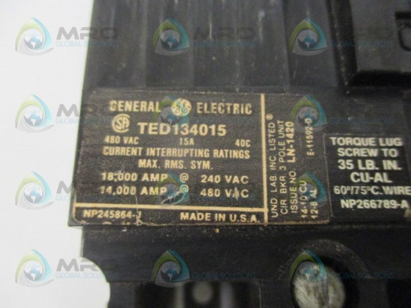 GENERAL ELECTRIC TED134015 CIRCUIT BREAKER 15A 480VAC  UNMP
