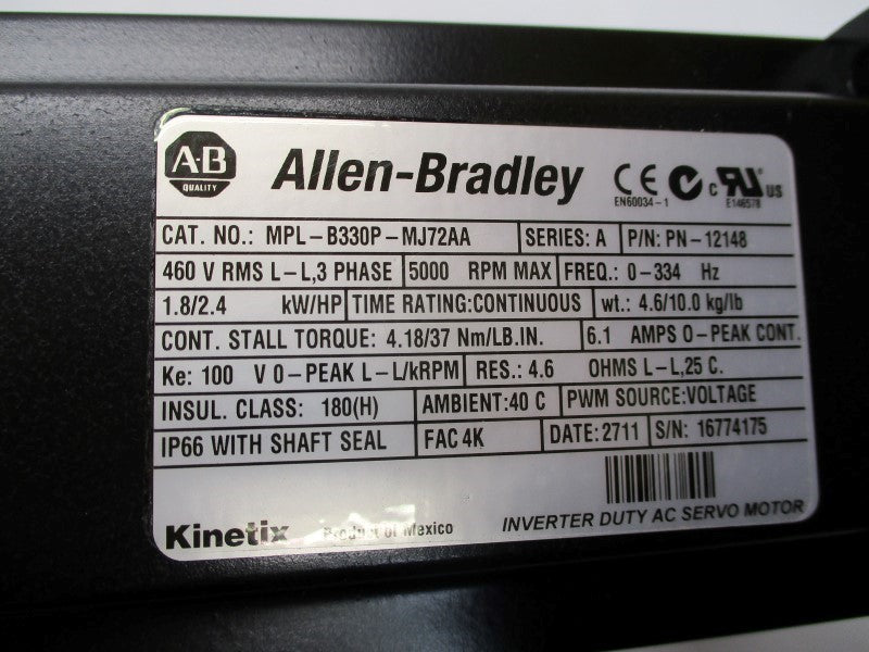ALLEN BRADLEY MPL-B330P-MJ72AA SER. A 480VAC 6.1A NSMP