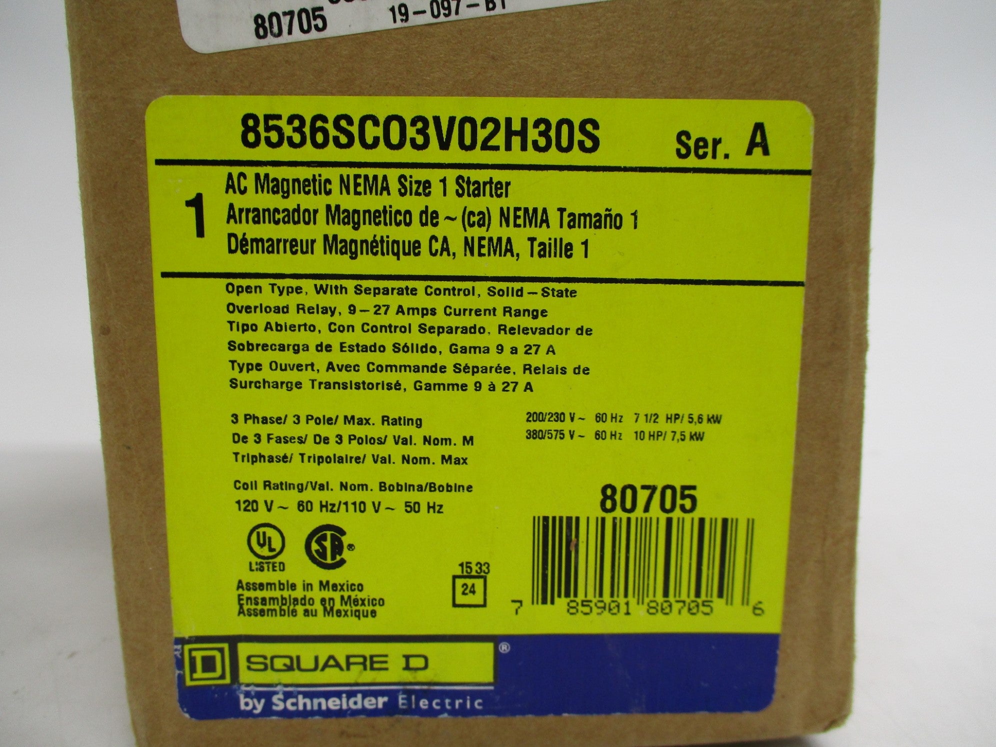 SQUARE D 8536SCO3V02H30S SER. A 110/120V 9-27A NSMP