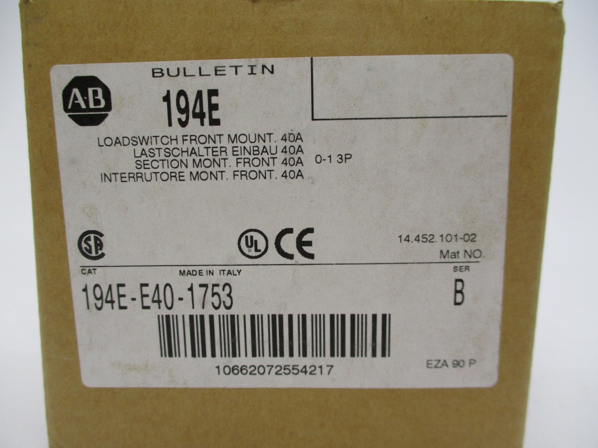 INDUSTRIAL SPARE PART 194E-E40-1753 SER. B 600VAC 40A (BR/WH) NSMP