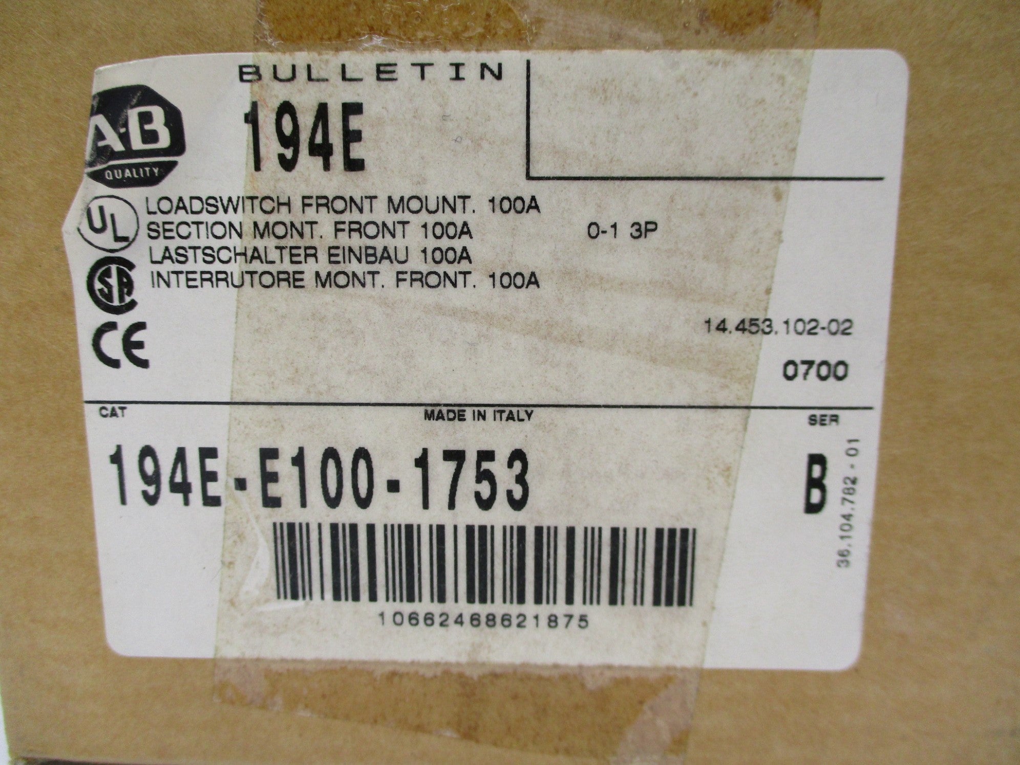 ALLEN BRADLEY 194E-E100-1753 SER. B 690V 100A (BR/WH) NSMP