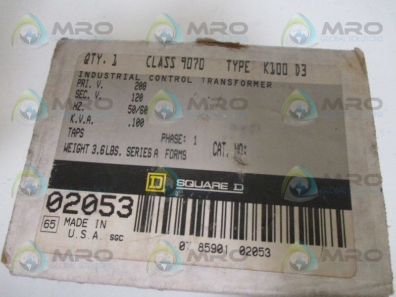SQUARE D 9070K100D3 TRANSFORMER 120/208V NSMP