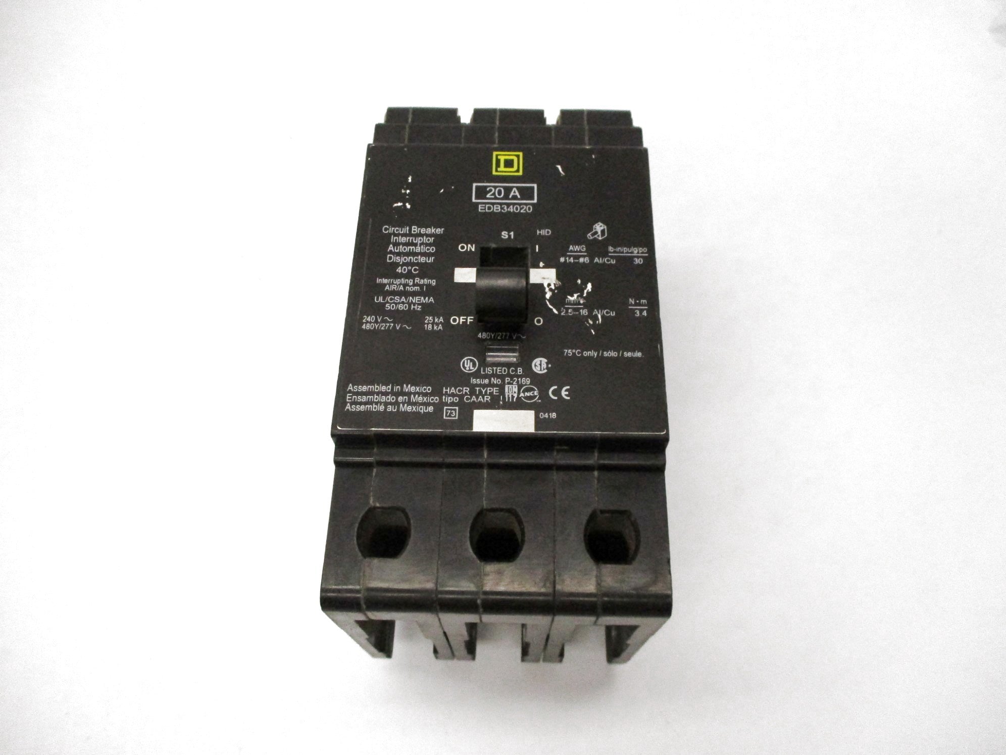SQUARE D EDB34020 277V 20A UNMP