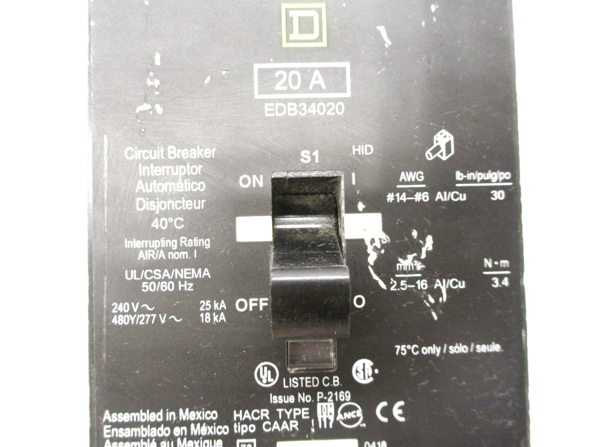 SQUARE D EDB34020 277V 20A UNMP