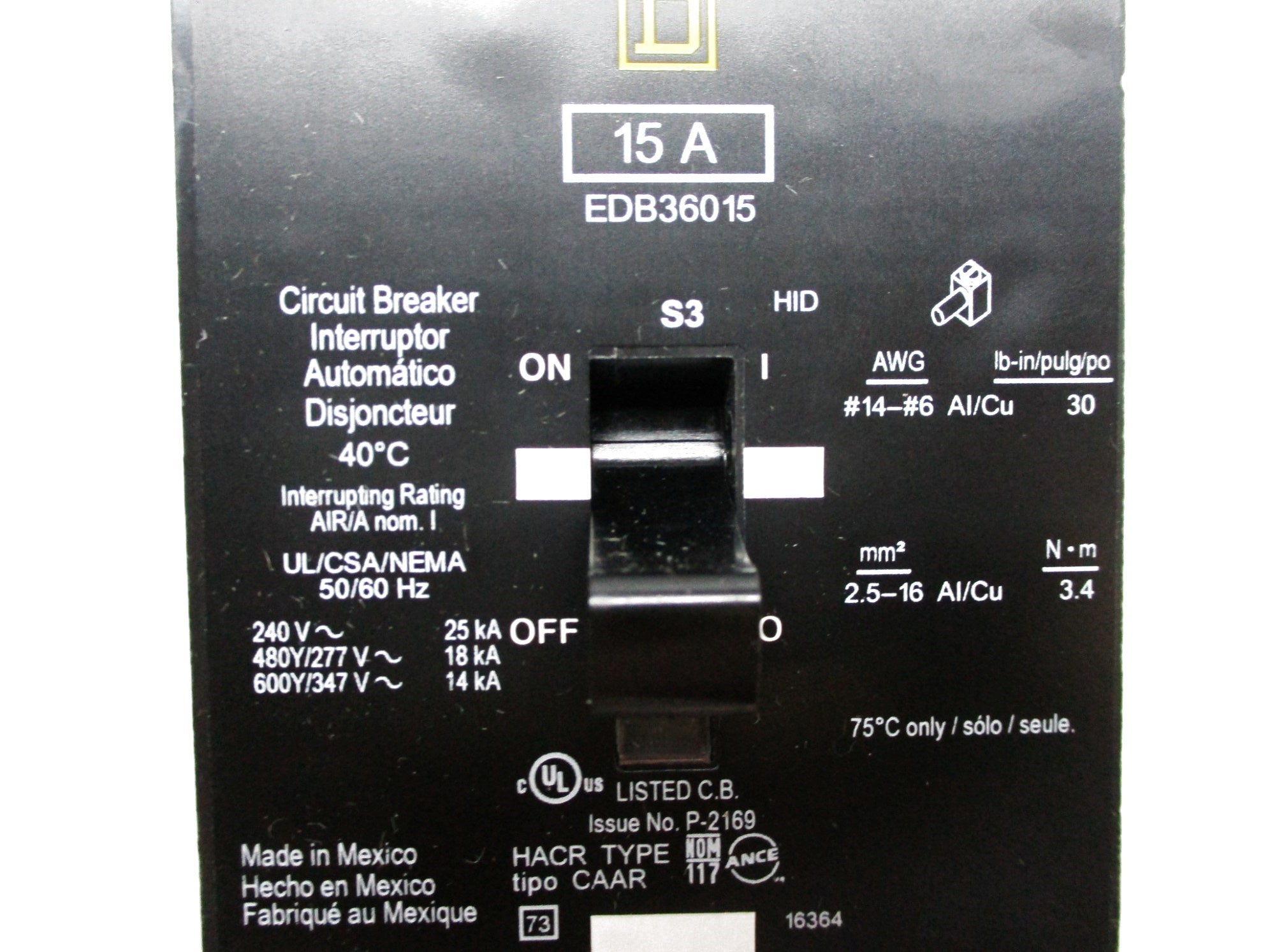 SQUARE D EDB36015 347V 15A NSNP