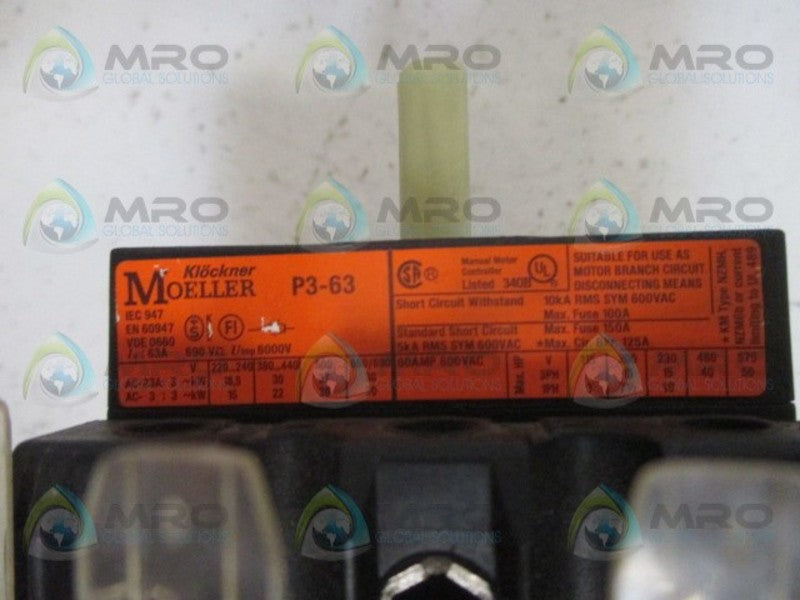 KLOCKNER MOELLER P3-63 CIRCUIT INTERRUPTER (AS PICTURED) UNMP
