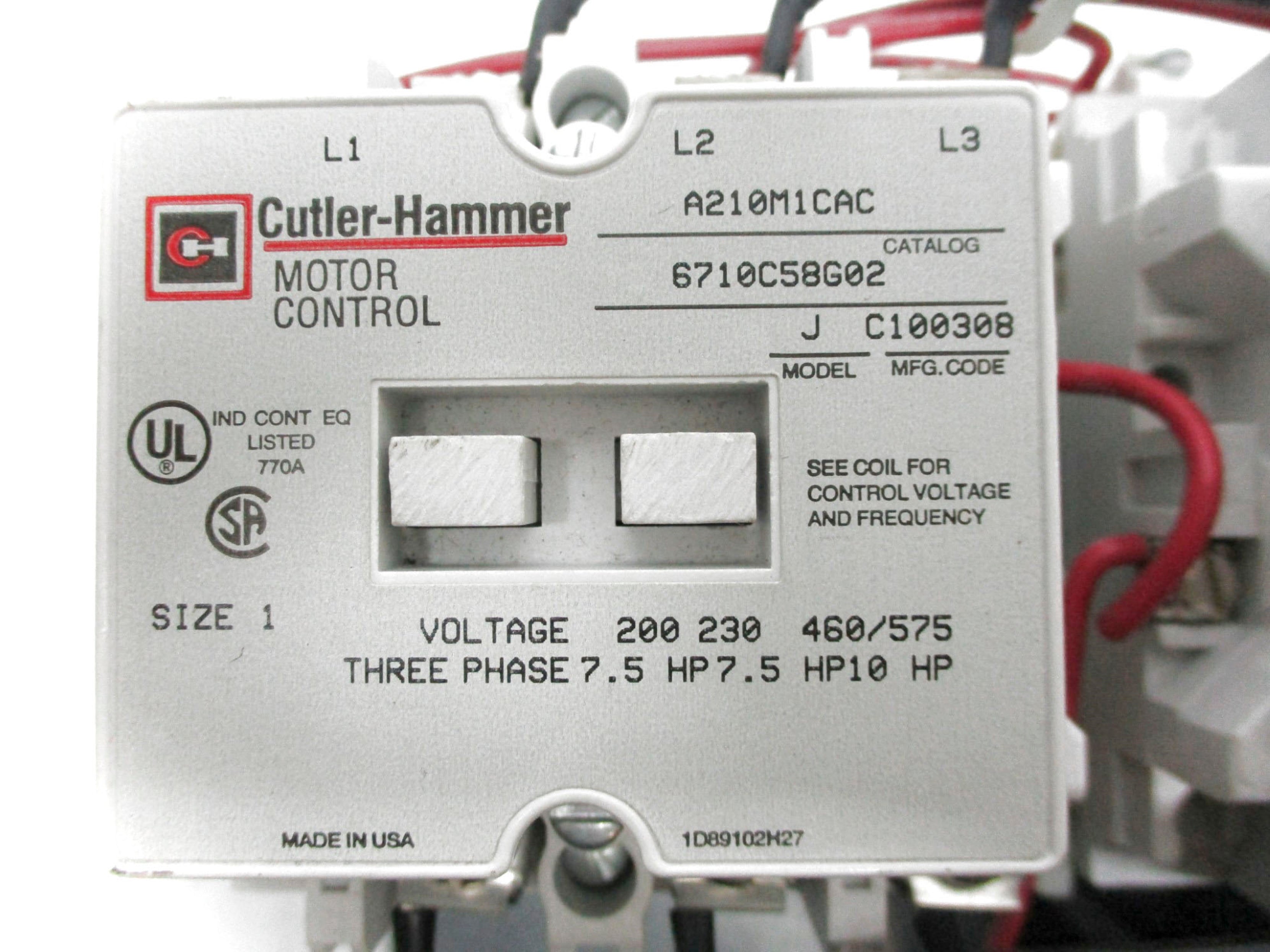 CUTLER HAMMER A210M1CAC 6710C58G02 110/120V NSNP