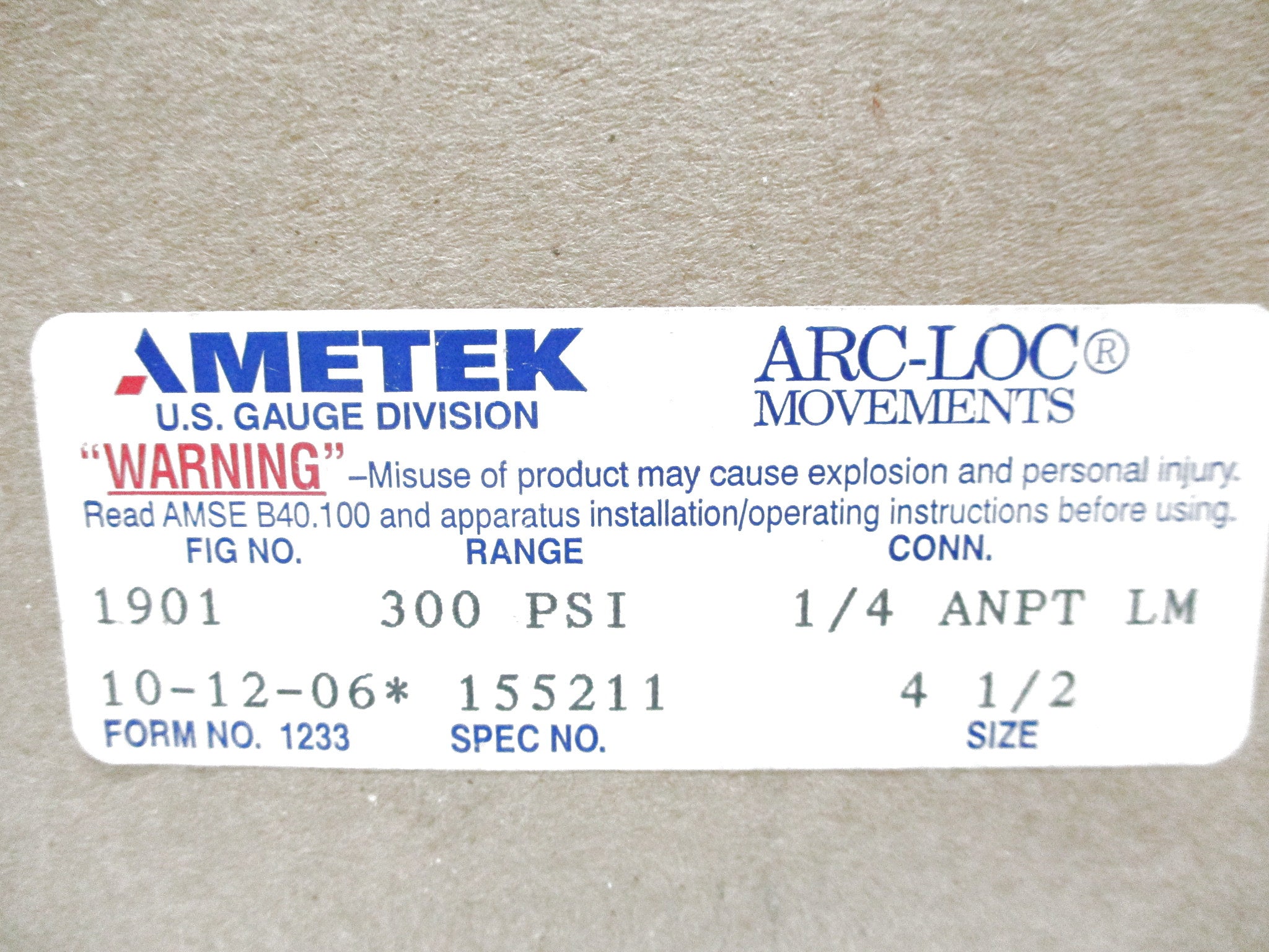 AMETEK 1901 0-300PSI UNMP