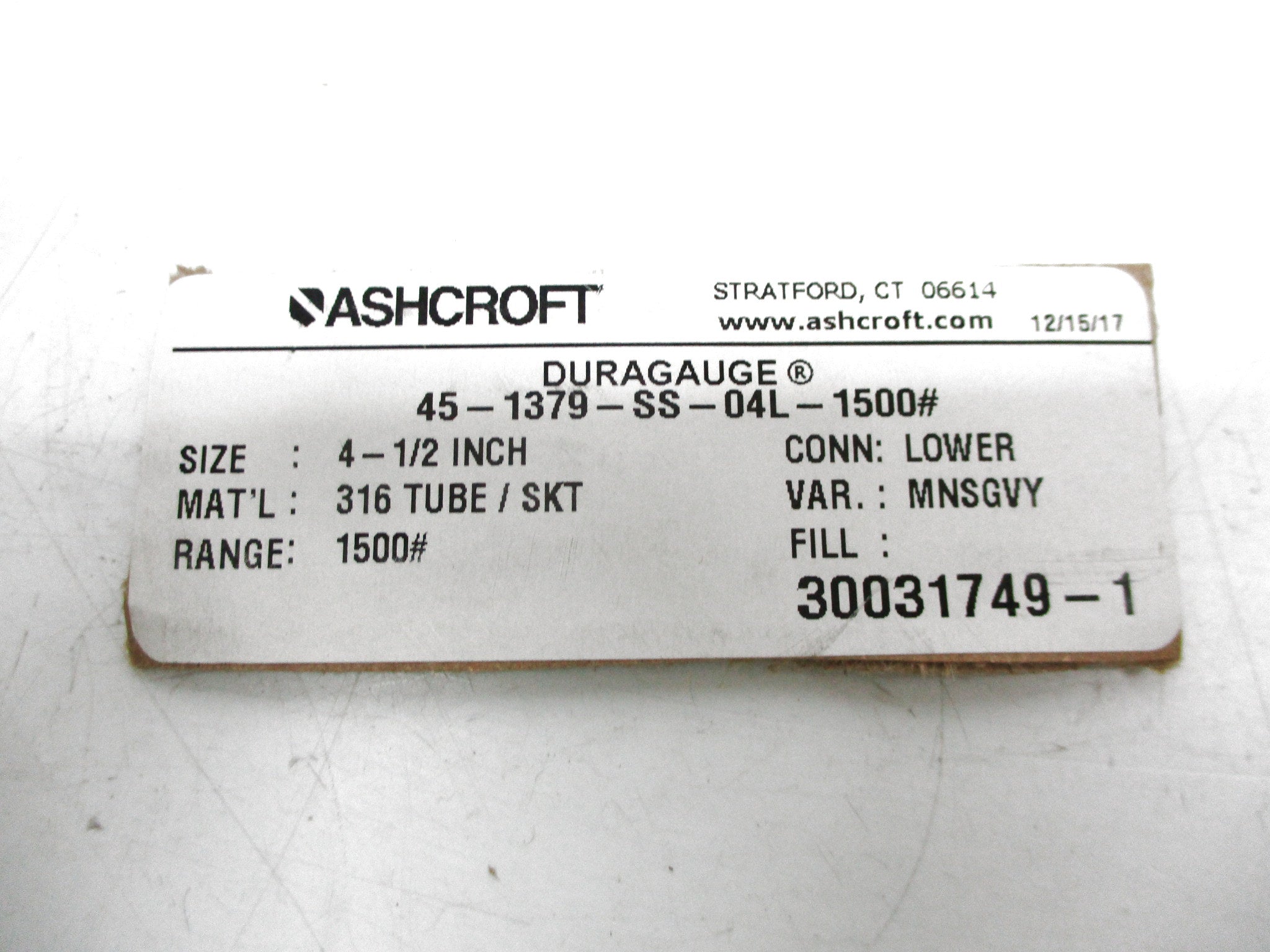 ASCHCROFT 45-1379-SS-04L-1500#  0-1500PSI UNMP
