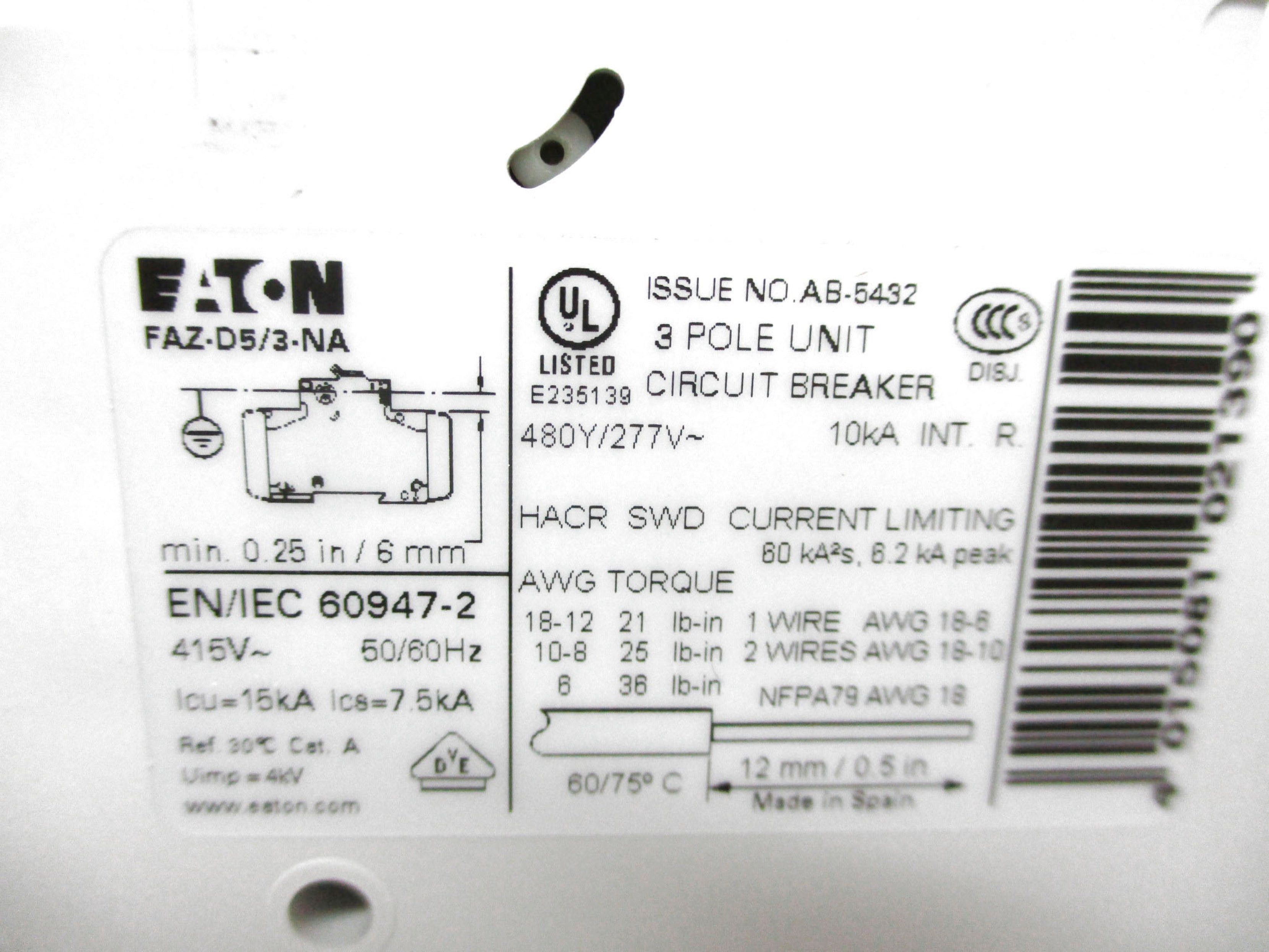EATON FAZ-D5/3-NA 102263 277VAC 5A NSMP