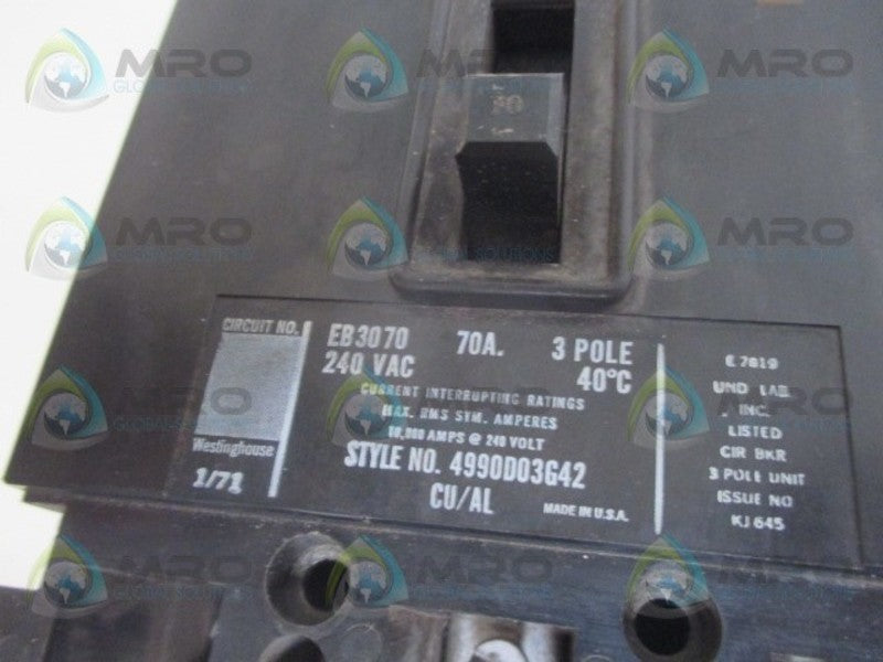 WESTINGHOUSE EB3070 CIRCUIT BREAKER 70A UNMP