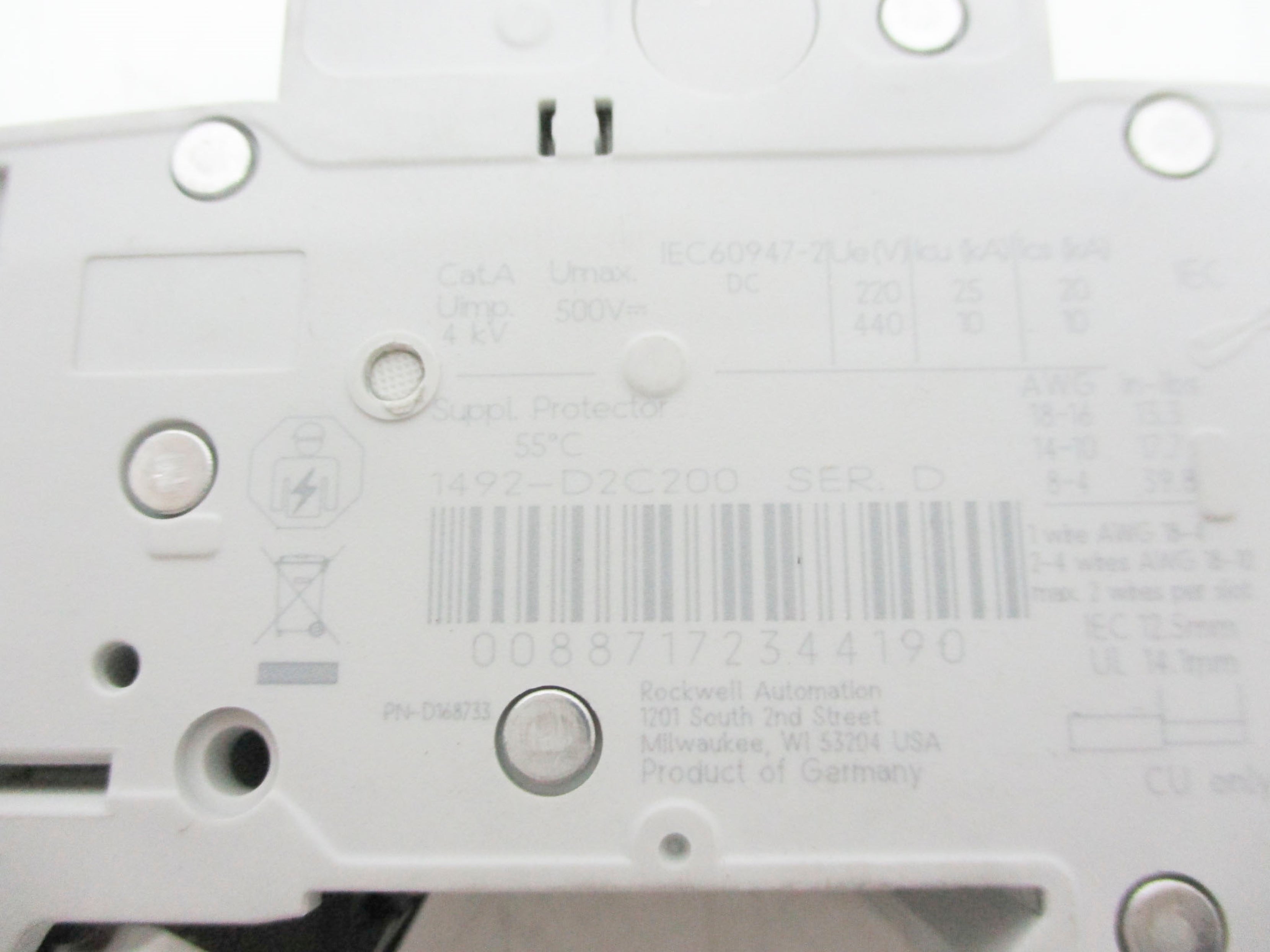 ALLEN BRADLEY 1492-D2C200 SER. D 440V 20A UNMP
