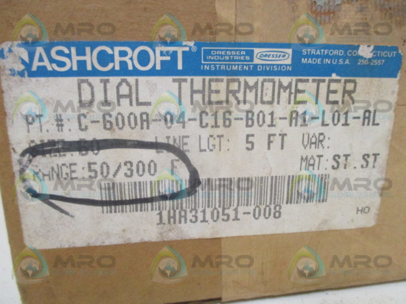 ASHCROFT C-600A-04-C16-B01-A1-L01-AL DIAL THERMOMETER 50/300 F 5FT  NSMP
