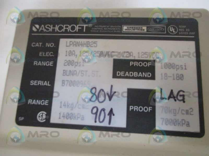 ASHCROFT LPAN4HB25 PRESSURE SWITCH 2000PSI UNMP
