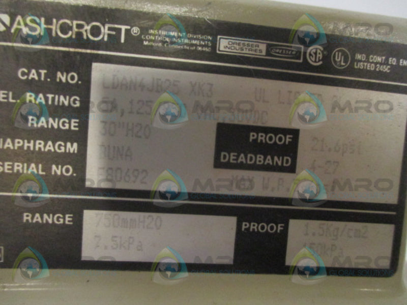 ASHCROFT LDAN4JB25XK3 PRESSURE SWITCH NSNP