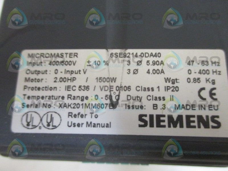 SIEMENS MICROMASTER 6SE9214-ODA40 DRIVE UNMP